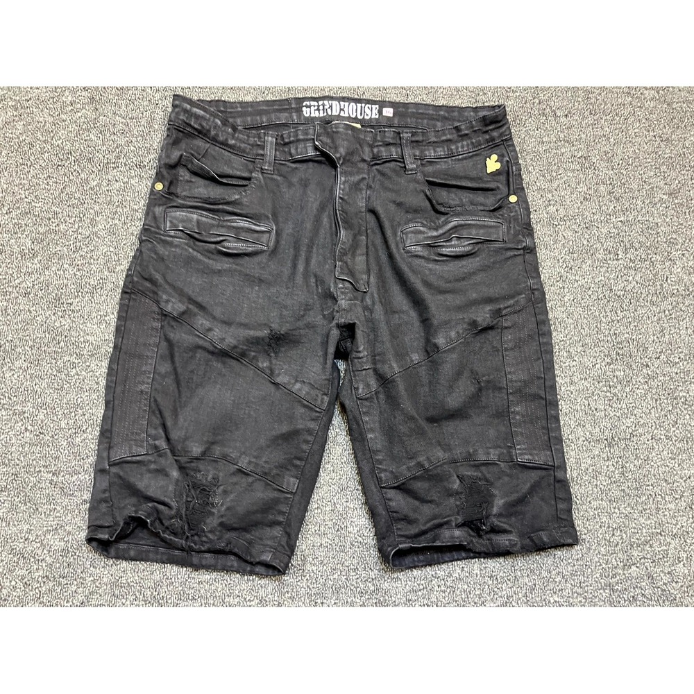 Grindhouse Shorts Mens 36 Black Denim Cotton Stretch Distressed Mid Rise Casual